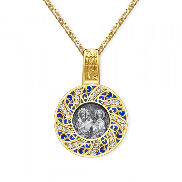 Образок Вырица "Святые Петр и Феврония" с синей эмалью и фианитами