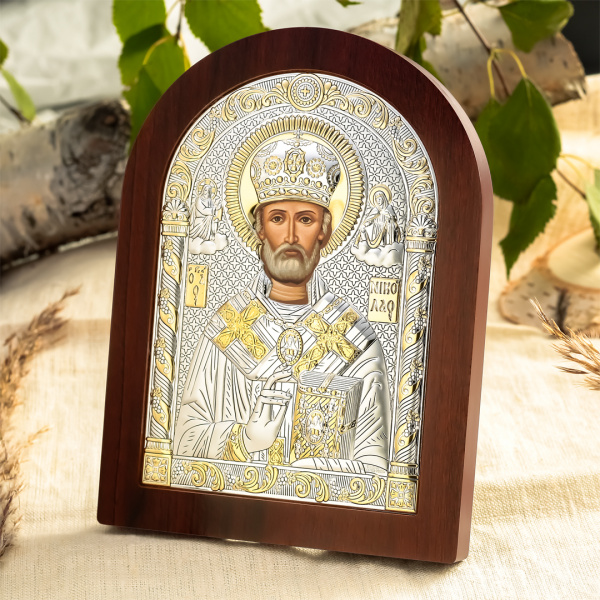 Икона Вырица Николай Чудотворец арочная, красное дерево